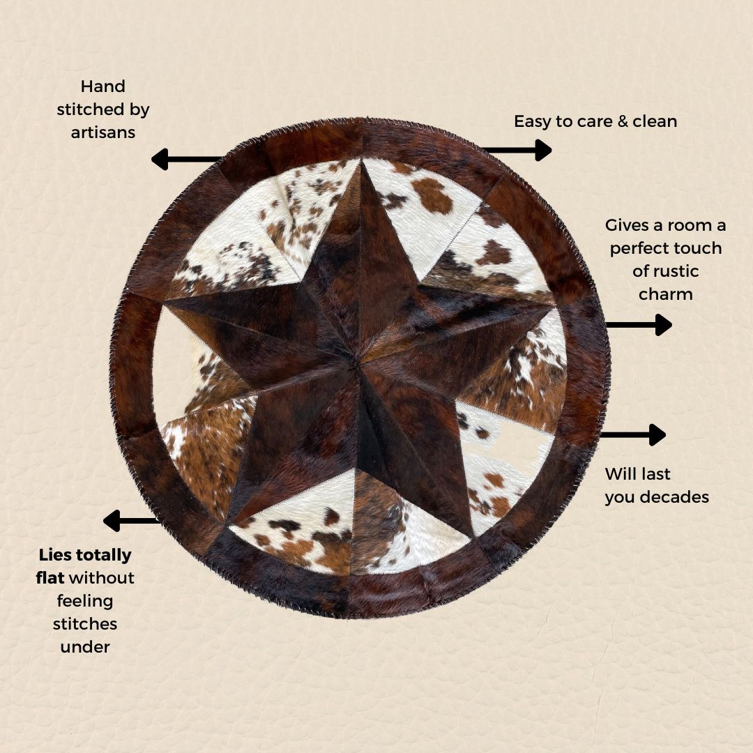 Cowhide Tricolor Round Area Rug - Star Patchwork Rug Brown Center & White - Hides & Leathers - 
