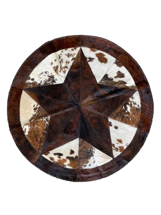 Cowhide Tricolor Round Area Rug - Star Patchwork Rug Brown Center & White - Hides & Leathers - 