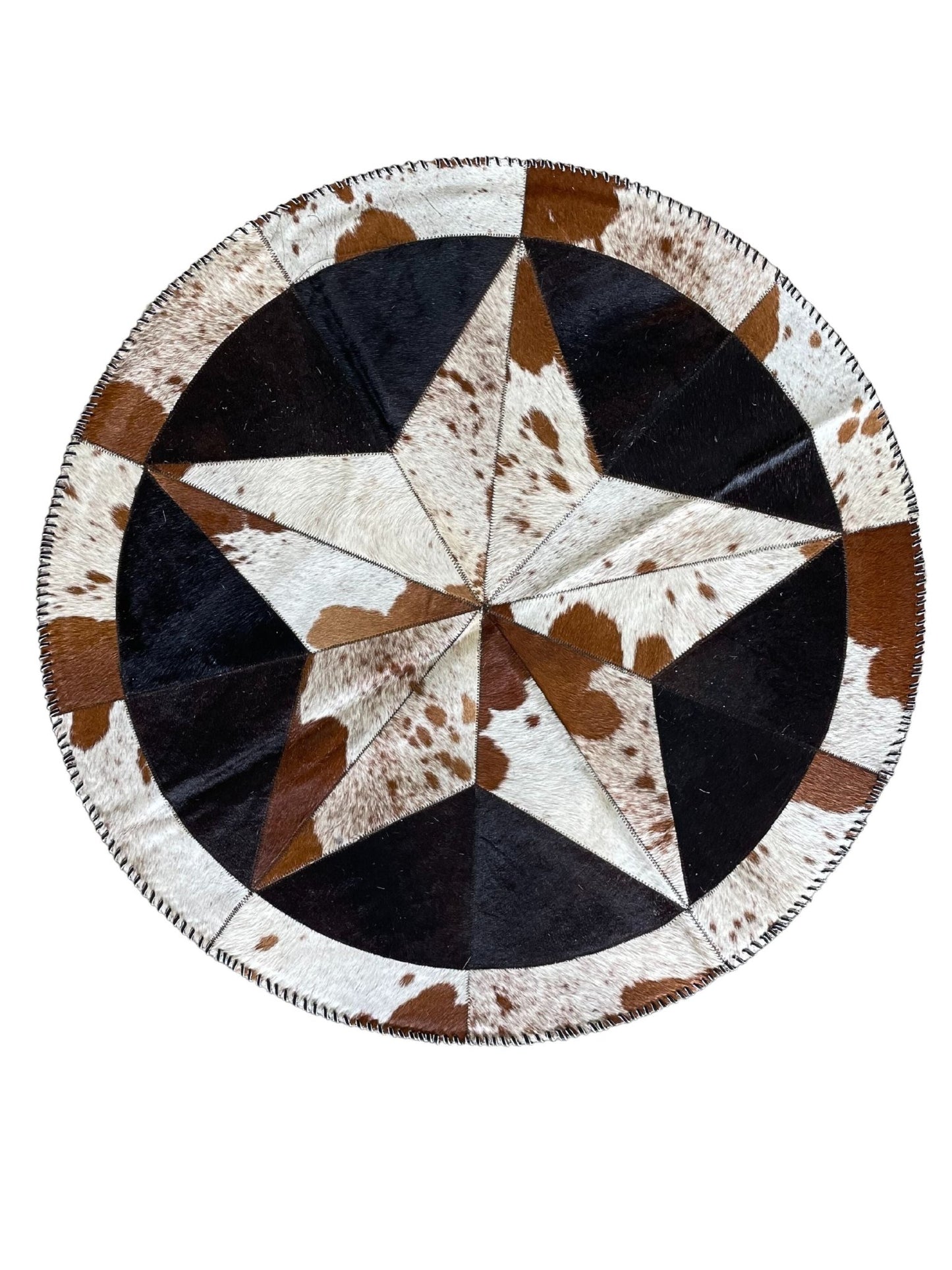 Cowhide Tricolor Round Area Rug - Star Patchwork Rug White & Black - Hides & Leathers - 