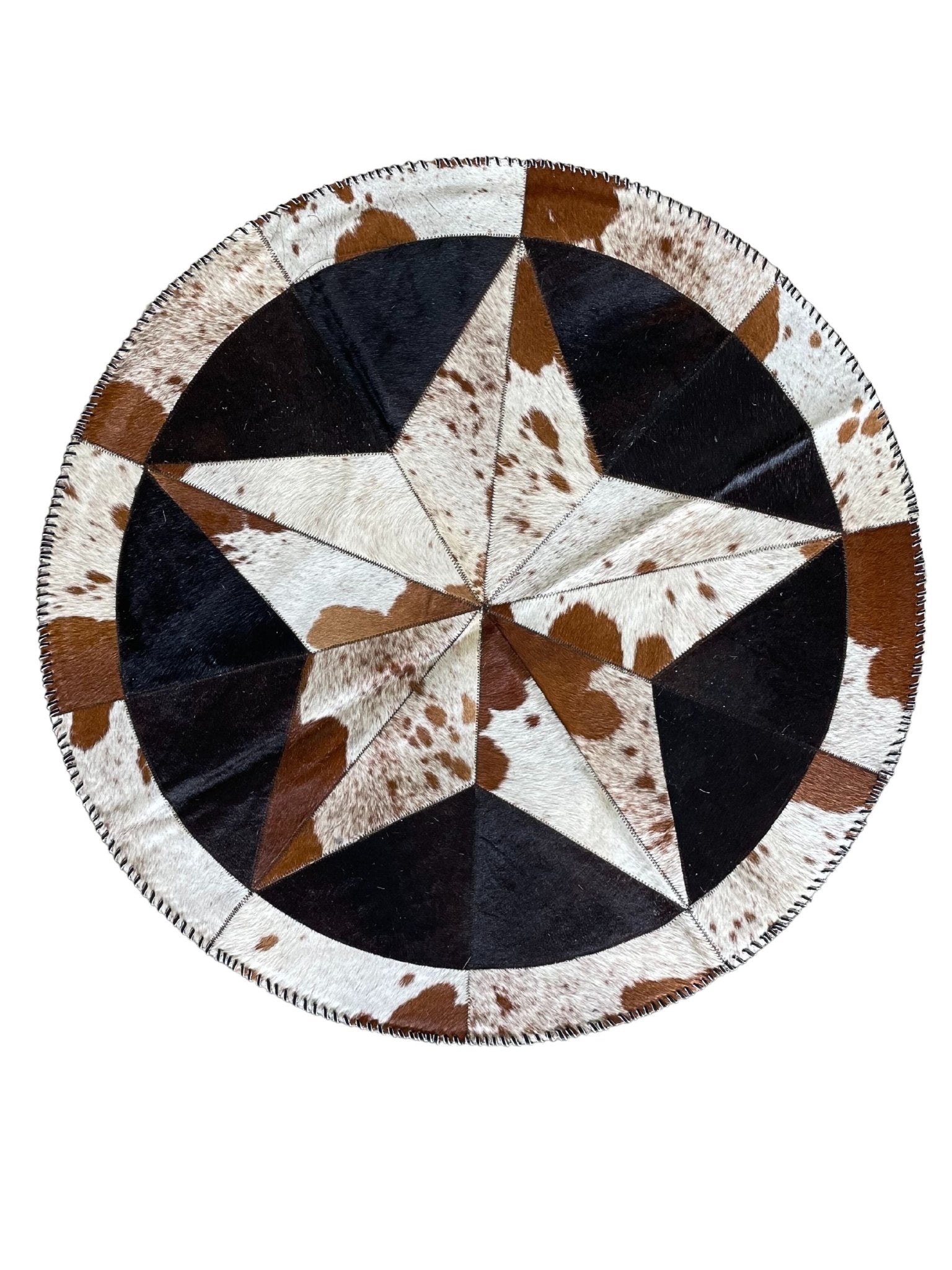 Cowhide Tricolor Round Area Rug - Star Patchwork Rug White & Black - Hides & Leathers - 