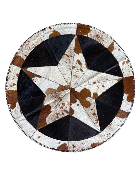 Cowhide Tricolor Round Area Rug - Star Patchwork Rug White & Black - Hides & Leathers - 