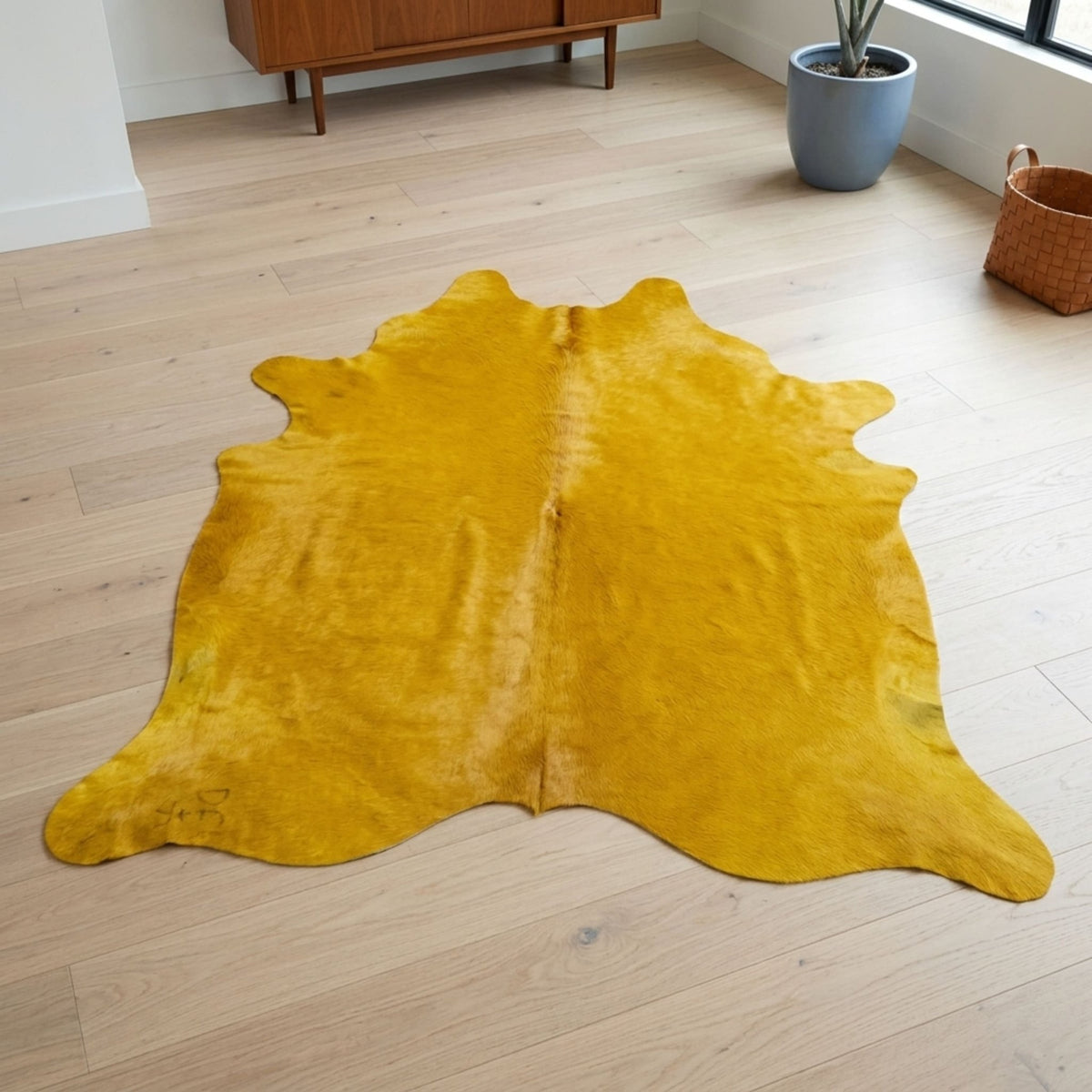 Dyed Cowhide Rug | Solid Yellow Hair-On – Large 7 x 6 Ft Statement Hide - Hides & Leathers - Rug
