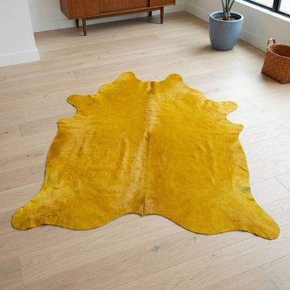 Dyed Cowhide Rug | Solid Yellow Hair-On – Large 7 x 6 Ft Statement Hide - Hides & Leathers - Rug