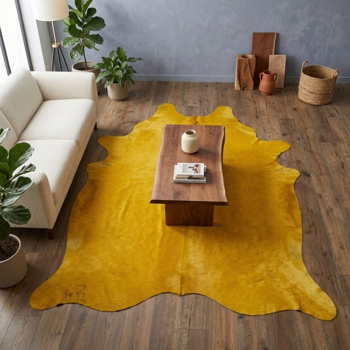 Dyed Cowhide Rug | Solid Yellow Hair-On – Large 7 x 6 Ft Statement Hide - Hides & Leathers - Rug
