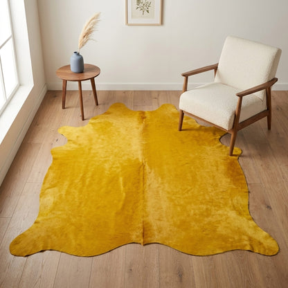 Dyed Cowhide Rug | Solid Yellow Hair-On – Large 7 x 6 Ft Statement Hide - Hides & Leathers - Rug