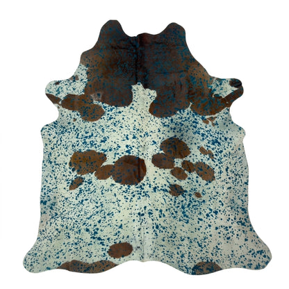 Brazilian Cowhide Rug | Turquoise Acid Wash on White & Brown 7 x 6 Ft