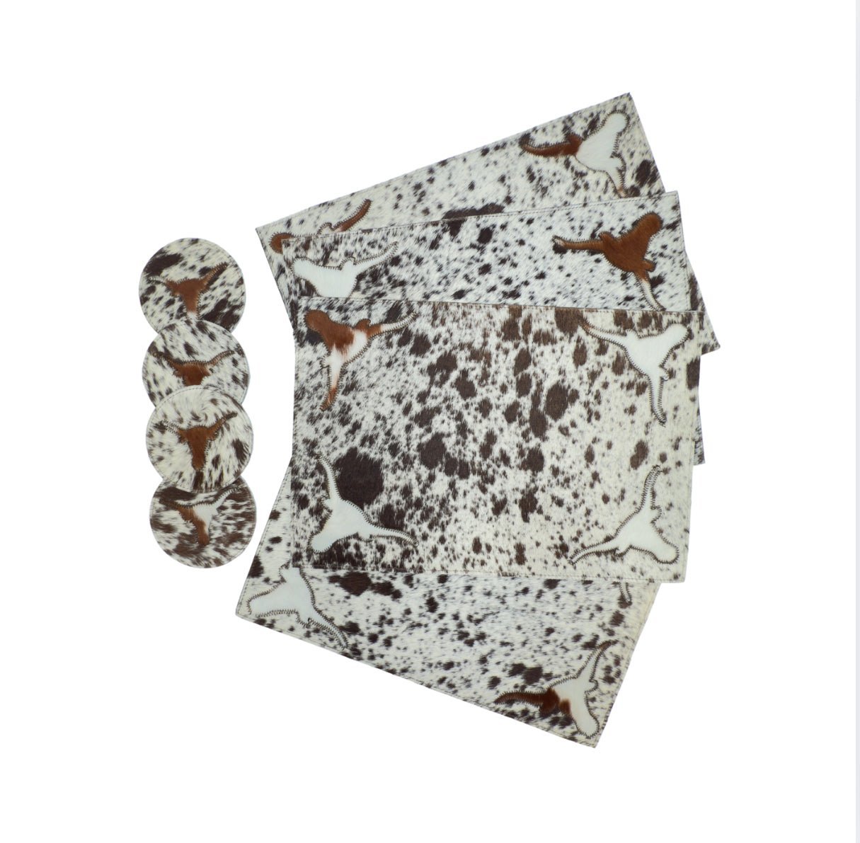 Handmade Cowhide Placemats and Coasters Bundle - Longhorn Dark on Brown - Hides & Leathers - 