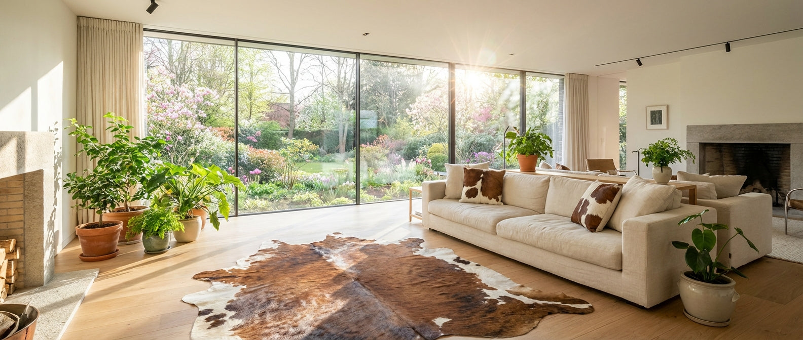 Cowhide rug in bright spring living room