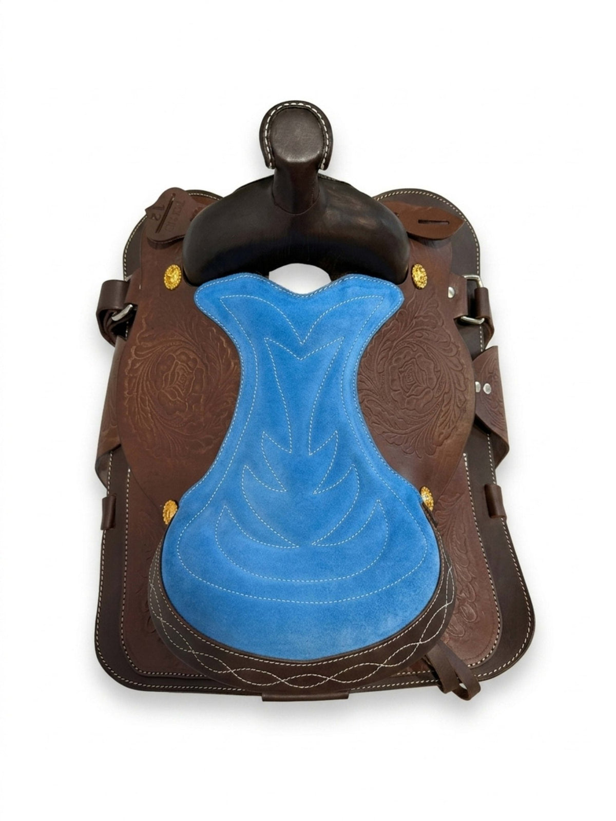 Leather Youth Western Saddle | 12" Blue Seat – Tooled with Gold Conchos - Hides & Leathers - Saddle