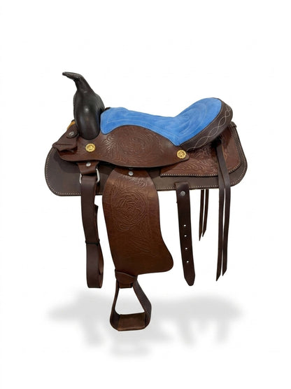 Leather Youth Western Saddle | 12" Blue Seat – Tooled with Gold Conchos - Hides & Leathers - Saddle