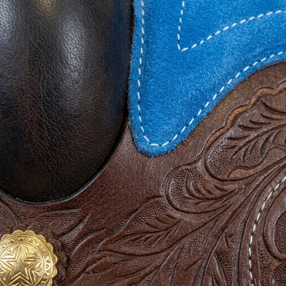 Leather Youth Western Saddle | 12" Blue Seat – Tooled with Gold Conchos - Hides & Leathers - Saddle