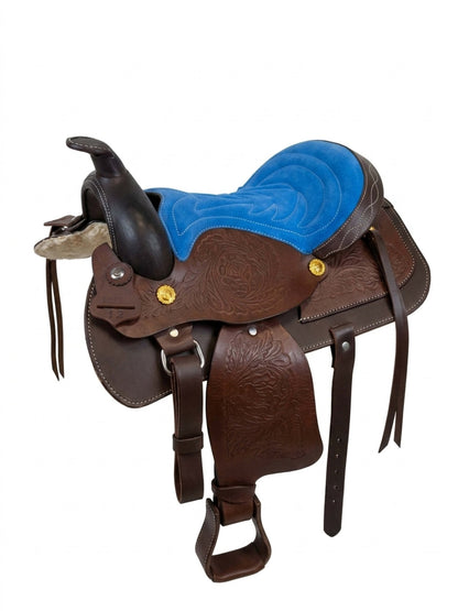 Leather Youth Western Saddle | 12" Blue Seat – Tooled with Gold Conchos - Hides & Leathers - Saddle