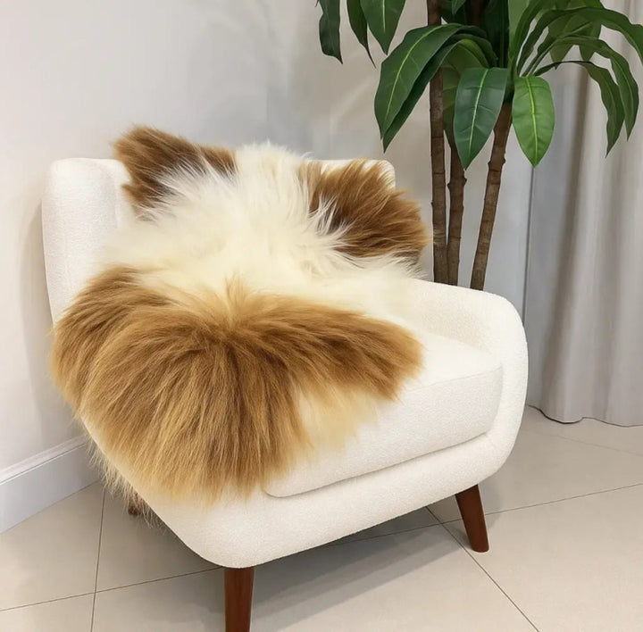 Norwegian Viking Heritage Sheepskin Throw | Spotted Brown & White Long Wool – 4' X 2.5' Feet - Hides & Leathers - Sheep / Lamb