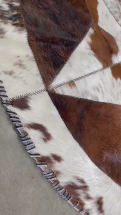Cowhide Tricolor Round Area Rug - Star Patchwork Rug Brown Center & White
