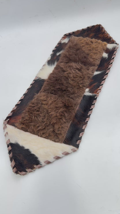 Bison and Cowhide Hexagonal Table Runner Tricolor | Patchwork Laced Design - 1' x 3'