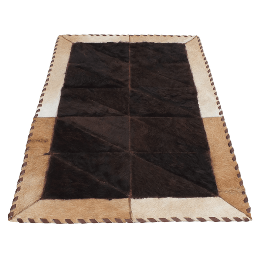 Rectangle Patchwork Area Rug - Light Brown Cowhide, Bison Center - 2'x3' - Hides & Leathers - Buffalo Rugs