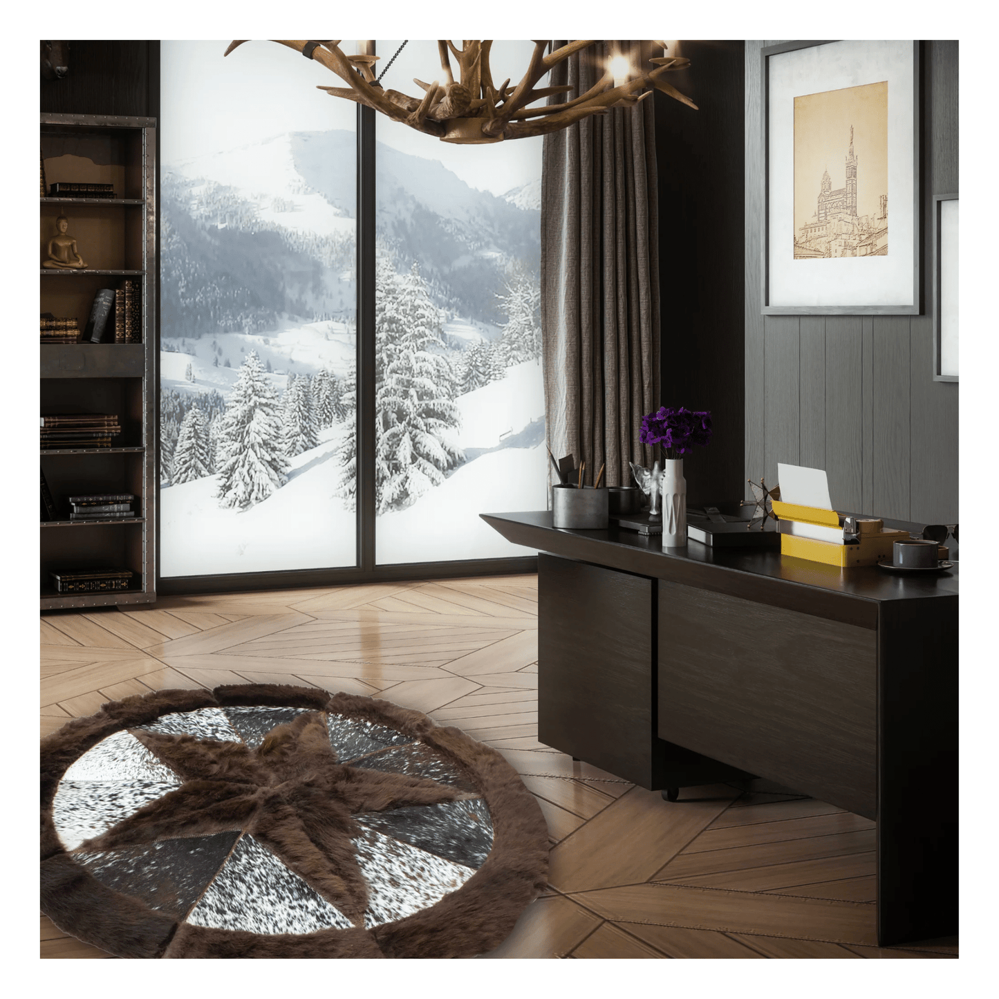 Round Western Rug - Bison Star & Edge 60" - Hides & Leathers - Bison Rugs