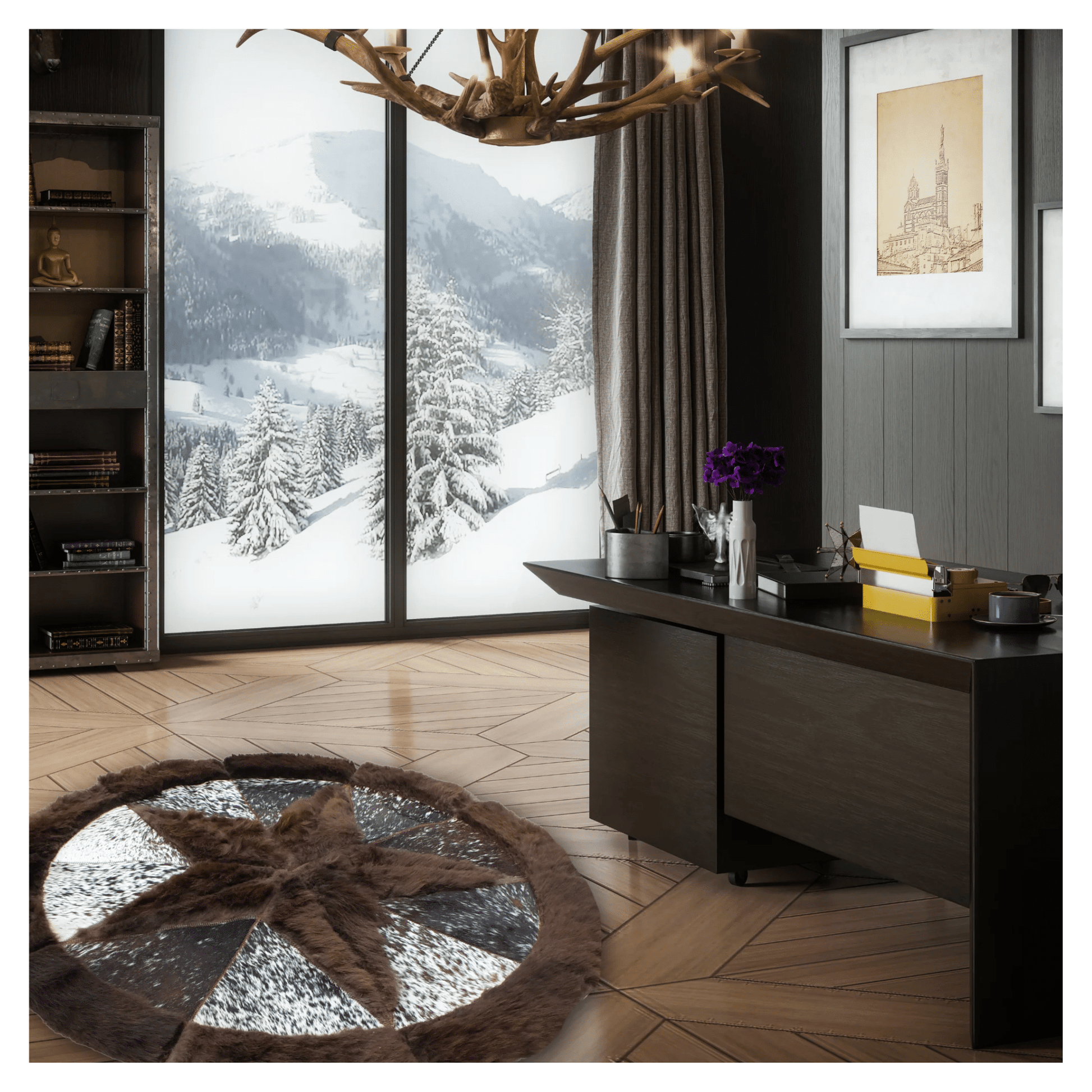 Round Western Rug - Bison Star & Edge 72" - Hides & Leathers - Bison Rugs