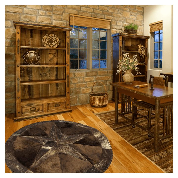 Round Western Rug - Cowhide Star & Edge, Bison Fill 72" - Hides & Leathers - Cowhide Rugs