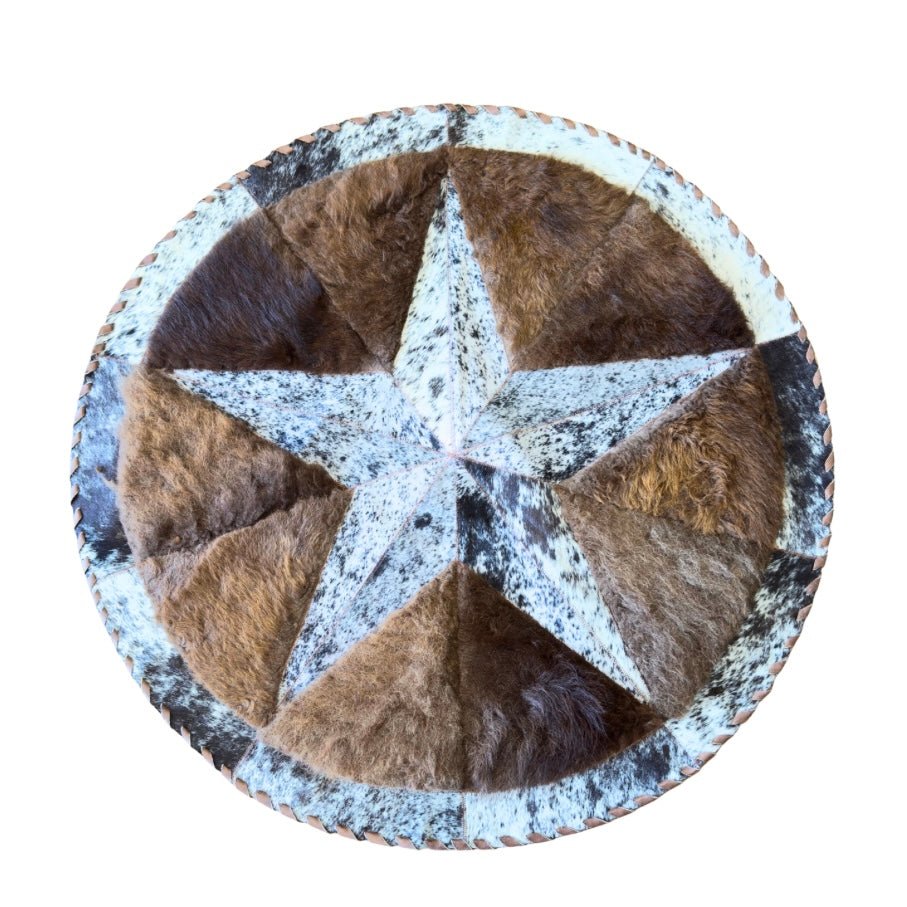 Round Western Rug - Cowhide Star & Edge, Bison Fill (black spackle) - Hides & Leathers - Cowhide Rugs