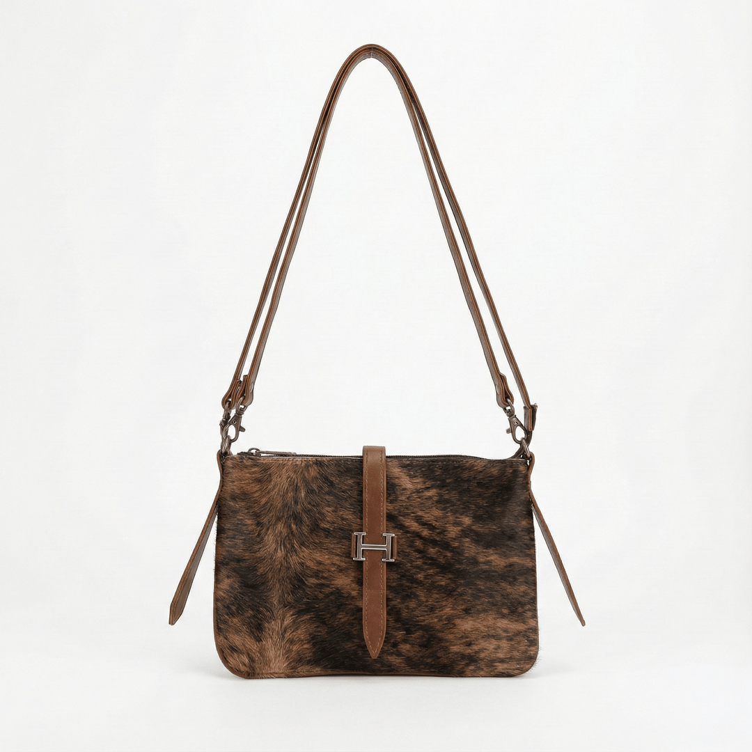 Solid Brindle Cowhide Leather Crossbody Bag | Genuine Hair - On Hide & Dark Brown Strap – 9 x 6 x 1 Inch - Hides & Leathers - Hair On Cow