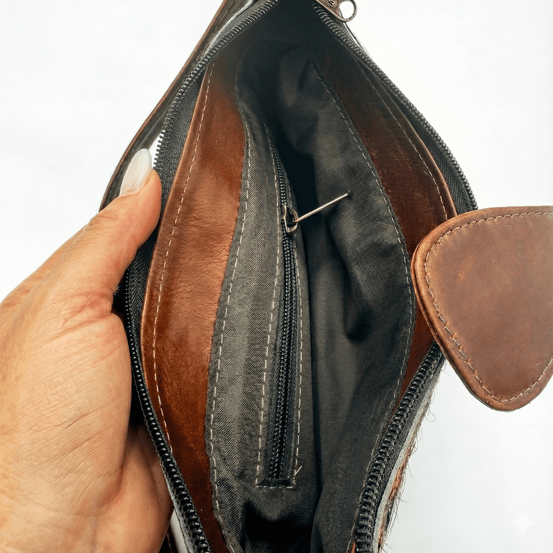 Solid Brindle Cowhide Leather Crossbody Bag | Genuine Hair - On Hide & Dark Brown Strap – 9 x 6 x 1 Inch - Hides & Leathers - Hair On Cow