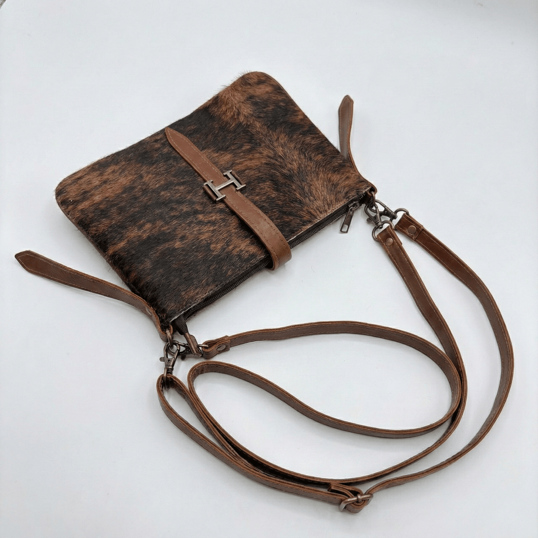 Solid Brindle Cowhide Leather Crossbody Bag | Genuine Hair - On Hide & Dark Brown Strap – 9 x 6 x 1 Inch - Hides & Leathers - Hair On Cow