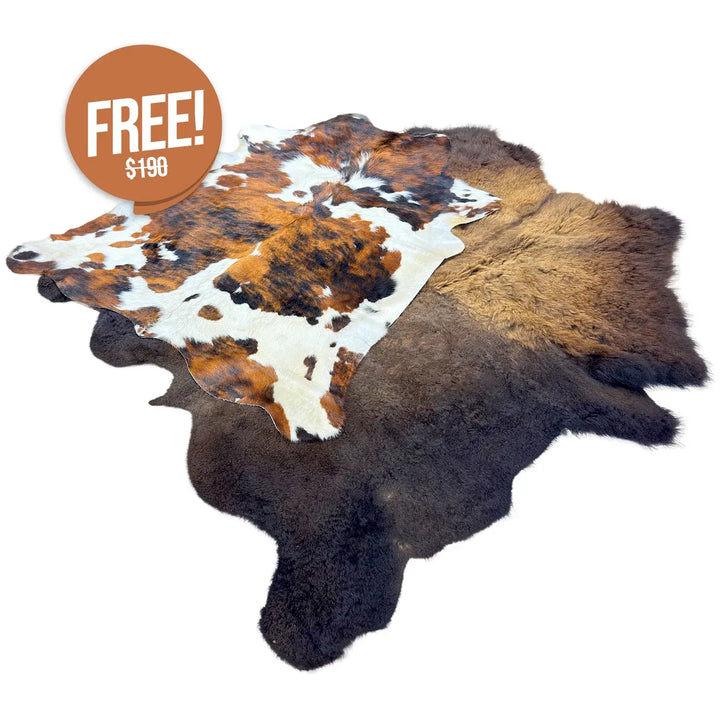 Buffalo/Bison EXTRA-LARGE Hair-On Hide Rug/Blanket - 8ft x 7ft | FREE Tricolor Cowhide Rug Medium - 6ft x 5ft