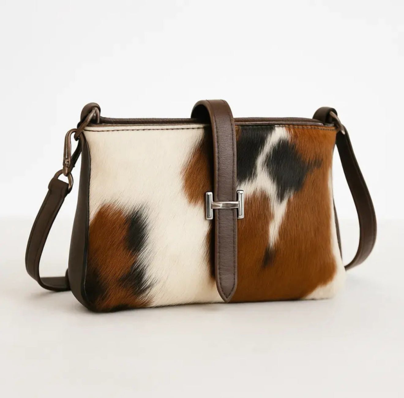 Tri - Color Cowhide Leather Crossbody Bag | Genuine Hair - On Hide & Dark Brown Strap – 9 x 6 x 1 Inch - Hides & Leathers - Hair On Cow