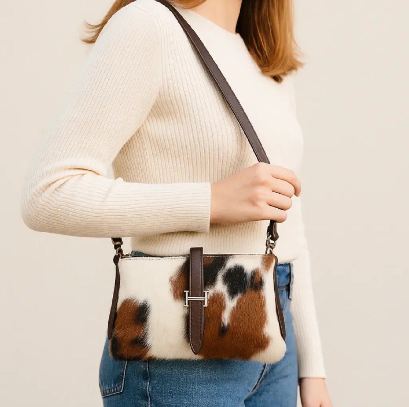 Tri - Color Cowhide Leather Crossbody Bag | Genuine Hair - On Hide & Dark Brown Strap – 9 x 6 x 1 Inch - Hides & Leathers - Hair On Cow