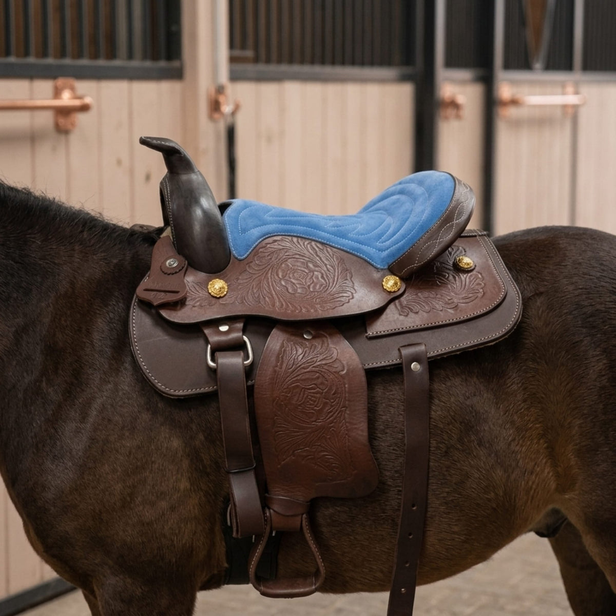 Youth Western Saddle | 12 in Blue Seat – Hand-Tooled with Gold Conchos - Hides & Leathers - Saddles