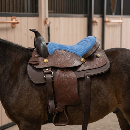 Youth Western Saddle | 12 in Blue Seat – Hand-Tooled with Gold Conchos - Hides & Leathers - Saddles