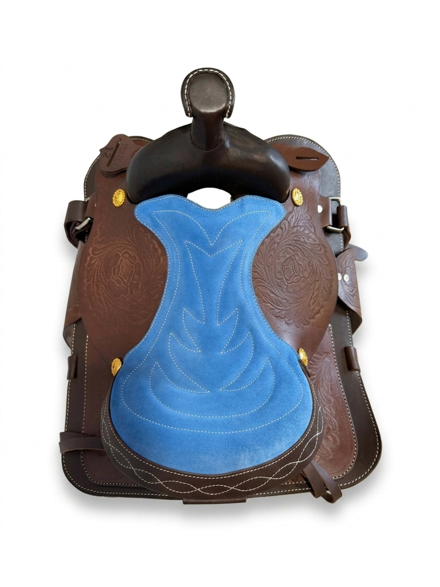 Youth Western Saddle | 12 in Blue Seat – Hand-Tooled with Gold Conchos - Hides & Leathers - Saddles