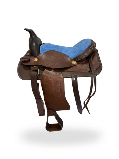 Youth Western Saddle | 12 in Blue Seat – Hand-Tooled with Gold Conchos - Hides & Leathers - Saddles