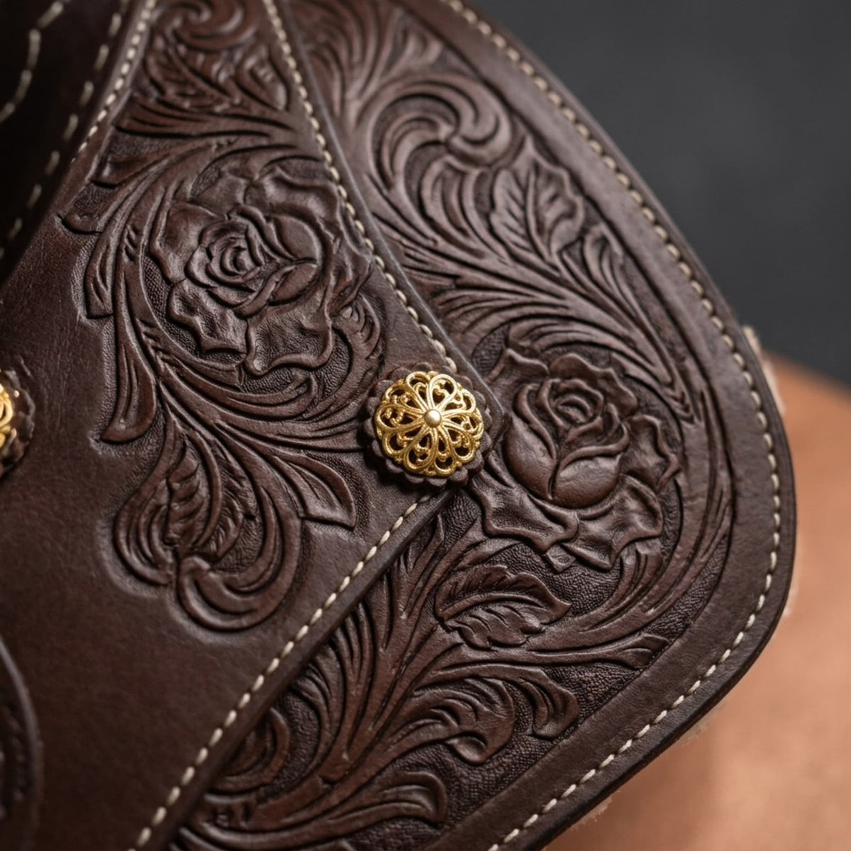 Youth Western Saddle | 12 in Blue Seat – Hand-Tooled with Gold Conchos - Hides & Leathers - Saddles