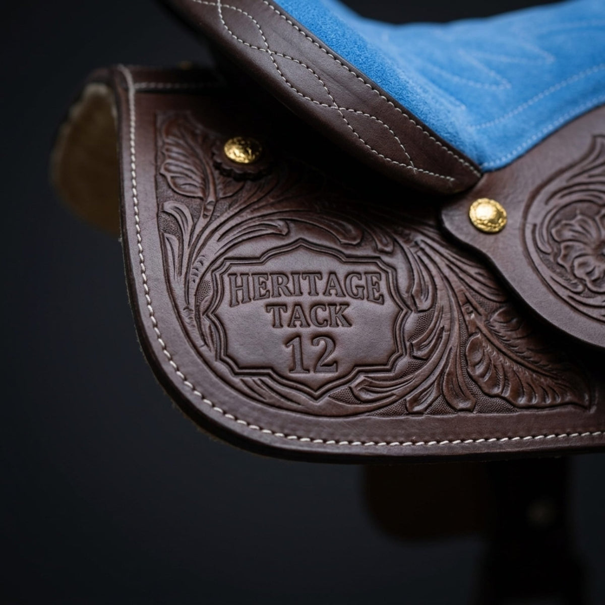 Youth Western Saddle | 12 in Blue Seat – Hand-Tooled with Gold Conchos - Hides & Leathers - Saddles