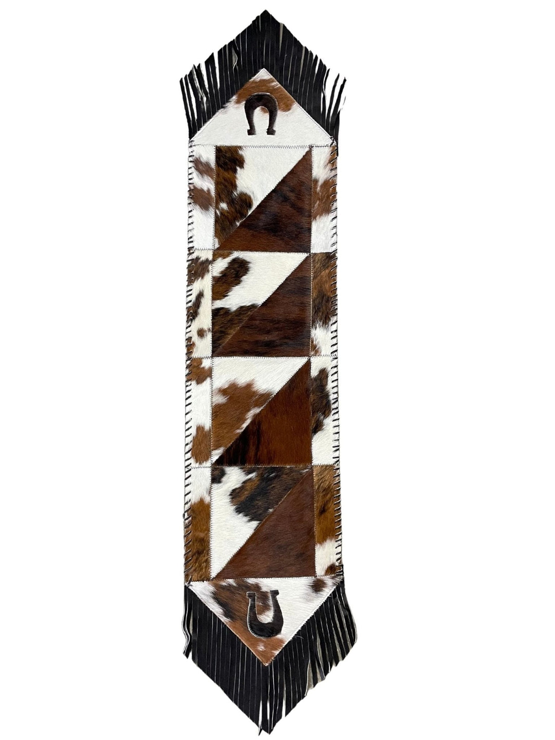 Cowhide Table Runners with Leather Fringe - Tricolor Horseshoe - Hides & Leathers - Cowhide Rugs