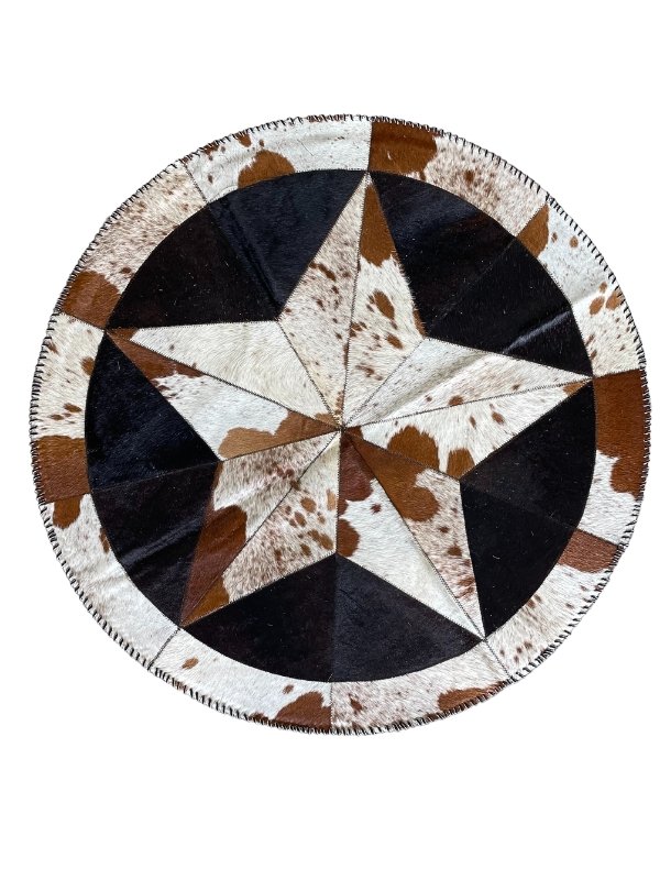 Cowhide Tricolor Round Area Rug - Star Patchwork Rug: XXL - Hides & Leather Store - By Trahide -